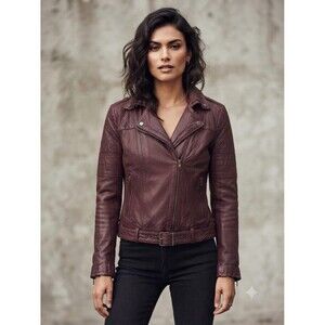 Muubaa Leather Biker Jacket Womens 4 Red Belted Quilted Moto Zip Slim Fit